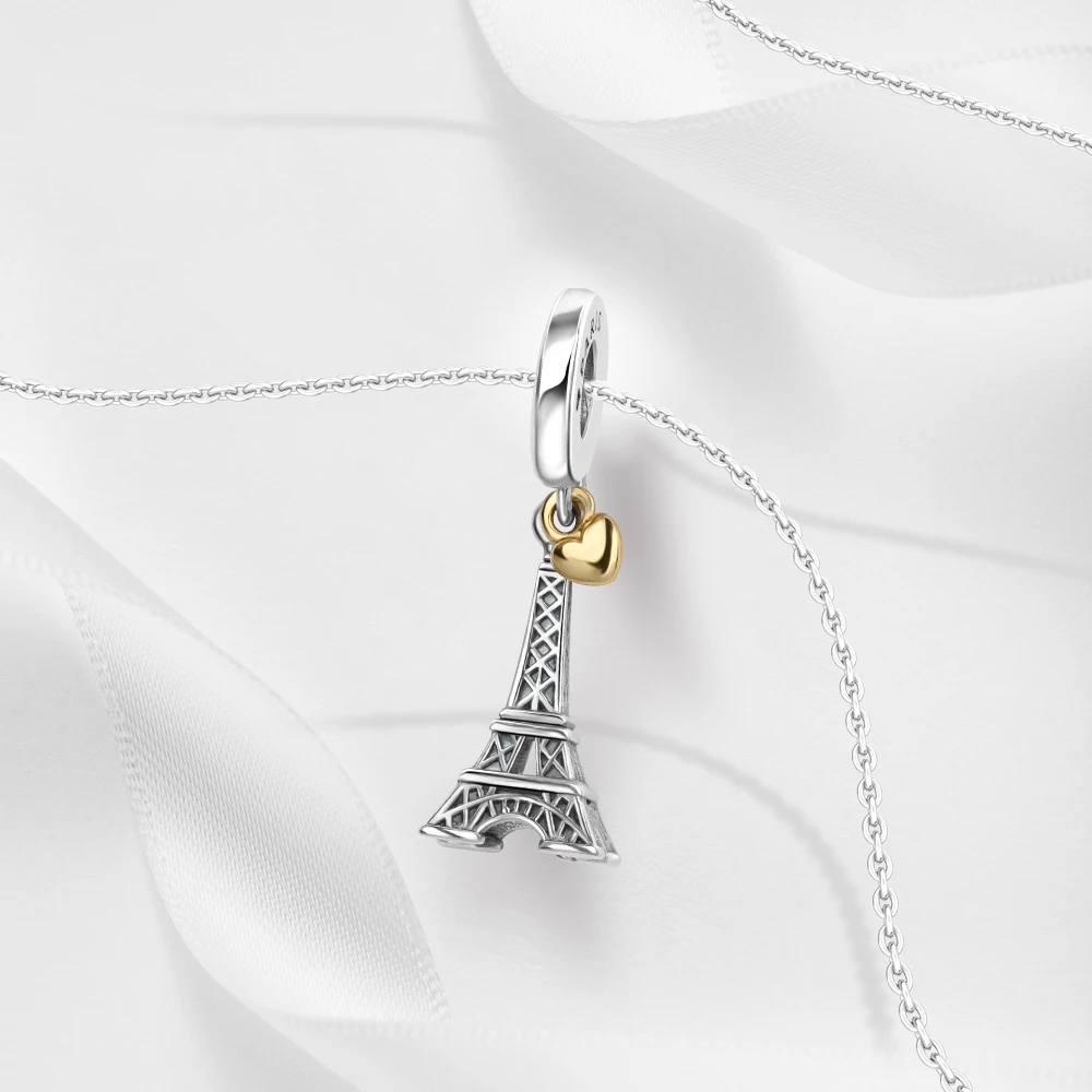 Abalorio doble de plata esterlina 925 para pulsera Pandora, accesorio de joyería artesanal de viaje para mujer, Torre Eiffel, Corazón Dorado, único