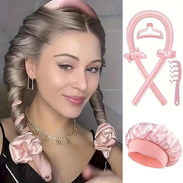 6-teiliges Damen-Schlafkappen-Set ohne Hitze, lockiges Haar, Satin, Haarspange und Ringkamm, Schwamm-Lockenwickler, geeignet für alle Haartypen