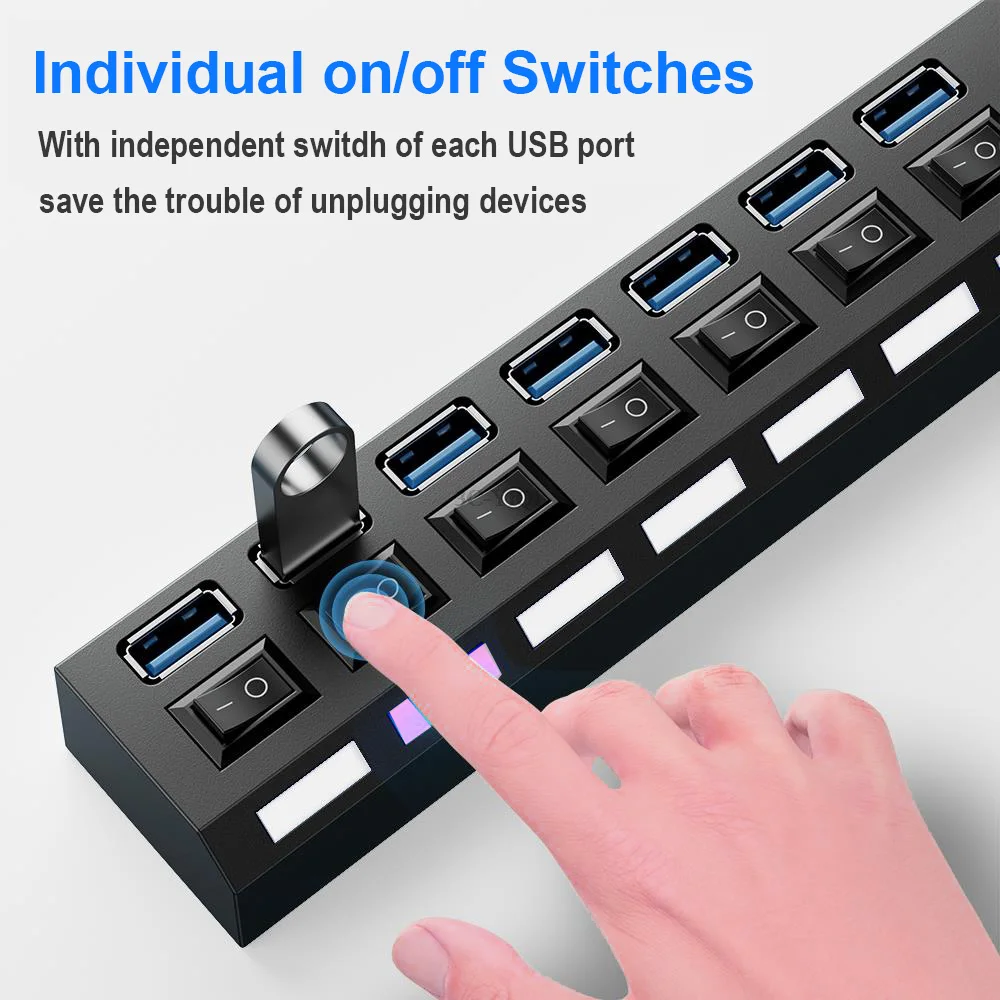 USB 2.0 Hub Multi USB Splitter Ports Hub Use Power Adapter 4/ 7 Port Multiple Expander Hub with Switch 45CM Cable For Home 5