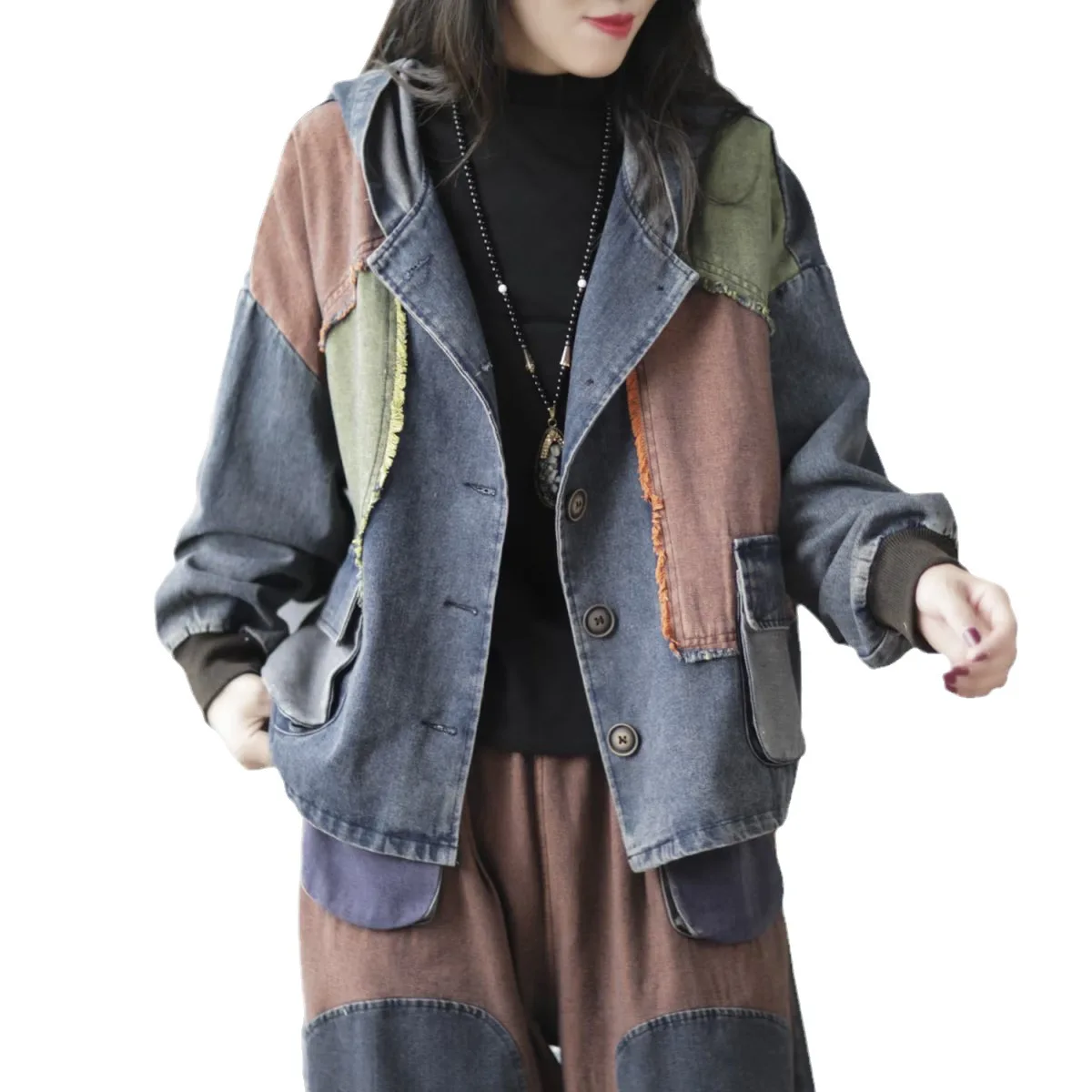 

Women Autumn Loose Hooded Jackets Patchwork Color Contrast Single Breasted Large Pocket Casual Streetwear Coats