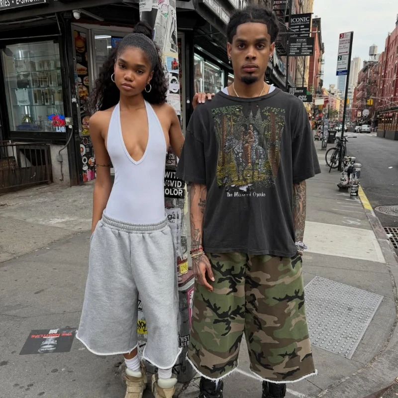 Y2K Casual Fashion Camo Shorts Camouflage Printing Pocket Burr Sweatshorts Hip Hop Harajuku Streetwear Men Women Wide Leg Pants 4