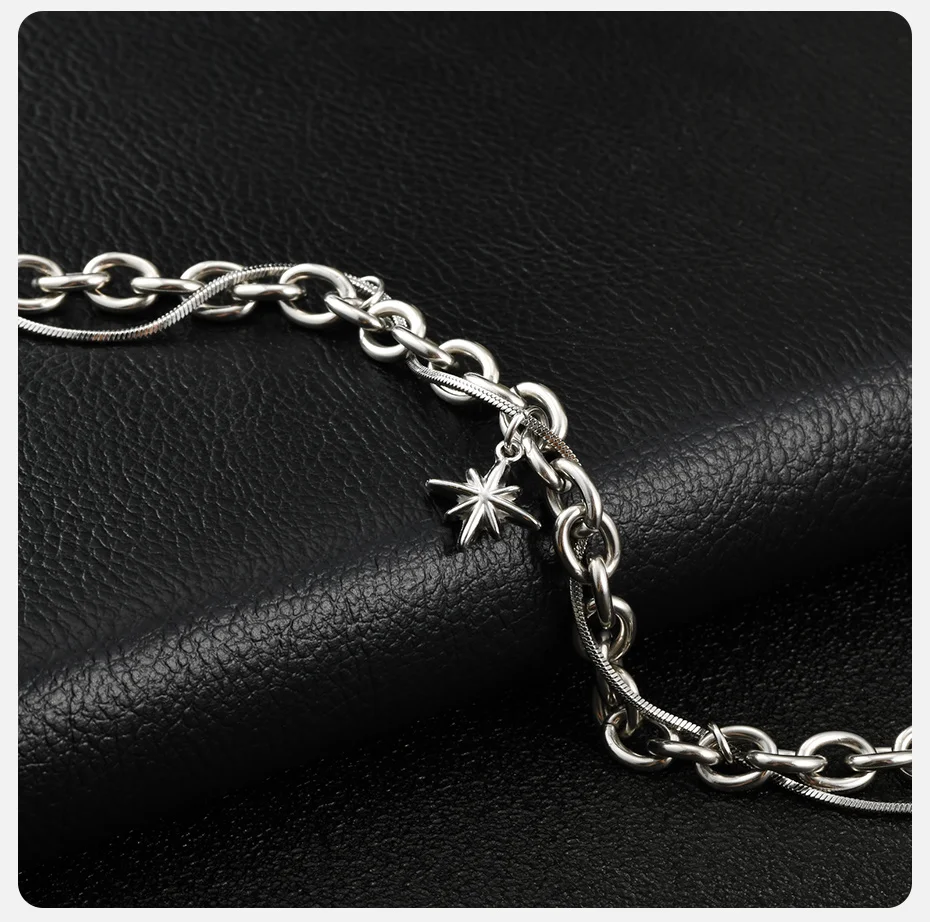 Vnox Edelstahl-Armband mit doppellagigem Stern, silberfarben, verstellbar, 17–22 cm, Hip-Hop-Charm-Kette, cooles Armband für Männer und Frauen – Detail 6