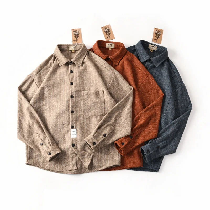 

Foreign Trade Japanese Cotton Washed, Brushed, Dyed, Striped Loose Casual Long Sleeved Shirt Jacket for Men in Autumn