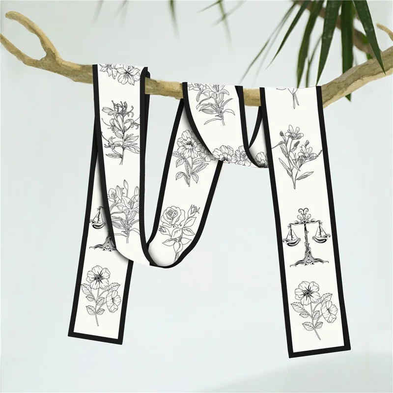 

New Small Silk Scarf Rose Print Handle Bag Ribbons Brand Fashion Head Scarf Small Long Skinny Scarves For Women