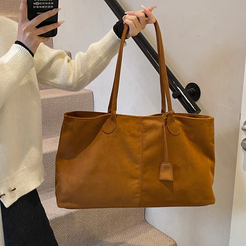 Women Suede Tote Bag Solid Color Shoulder Bag Large Capacity Underarm Bag Trendy Satchel Bag for Work Travel Shopping