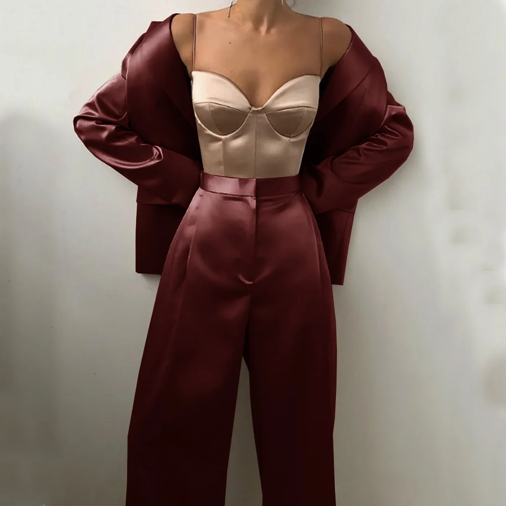 Women's Full Suit Street Fashion Style Elegant Ladies Casual Simple Satin Two Piece Suit (jacket + Pants) Single Breasted