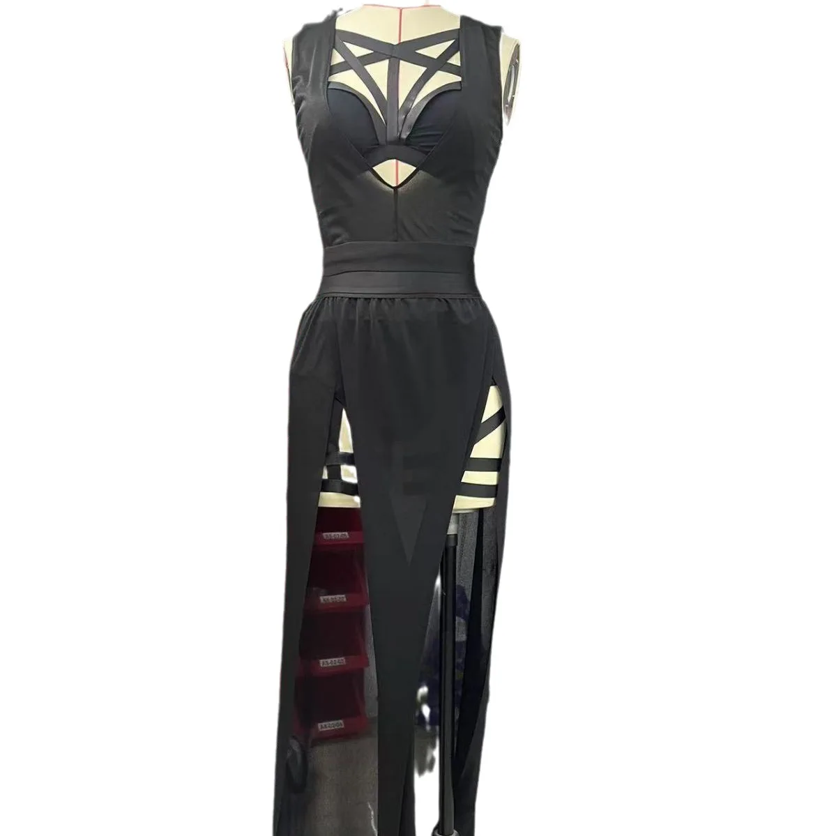Goth Club Mesh Sexy Summer Corsets Skirt Set Women Sleeveless Black Crop Bra Top Bandage Underpants Slit Skirt 4pcs Sets 5