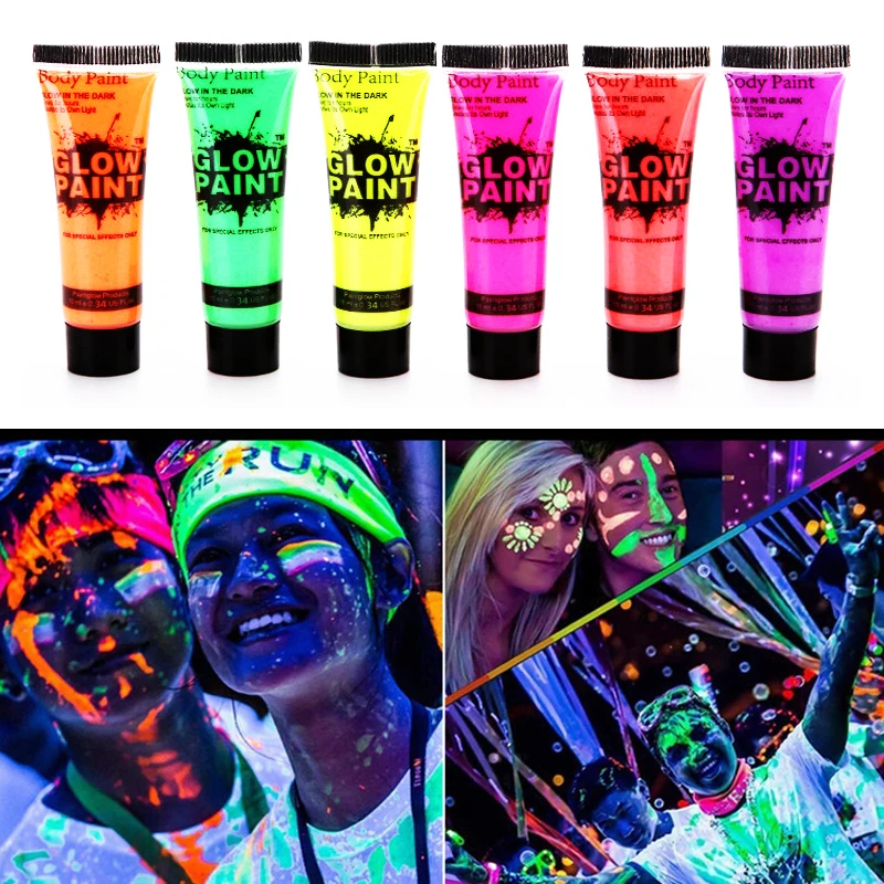 Body Face Paint Face Body Paint 7 Colors luminiscent paint Face Body Art Paint UV Glow Fluorescent Glowing Halloween Party Fancy Dress Beauty Makeup Dark Paint