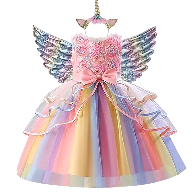 3pcs Baby Girls Dress Pastel Rainbow Princess For Summer Birthday Party Dress Unicorn Cosplay Perform Children Costume,girls dress,princess costume,kids clothes,children dance suit