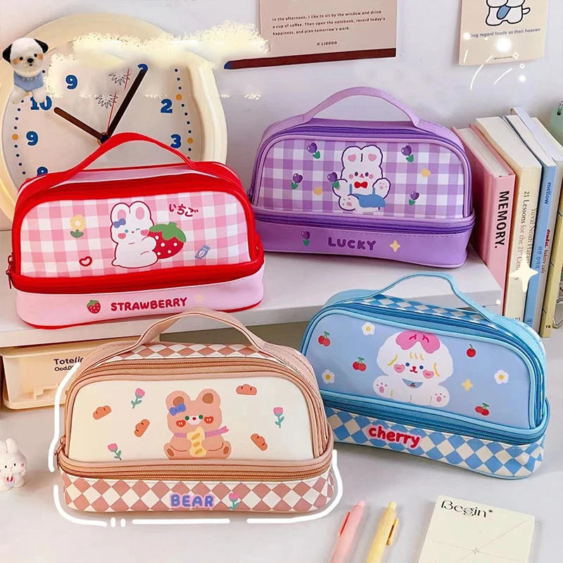 

2024 Cartoon Large Capacity Pencil Case Student Handbag Girl Pen Bag Double Layer Stationery Storage Makeup Bag School Supplies