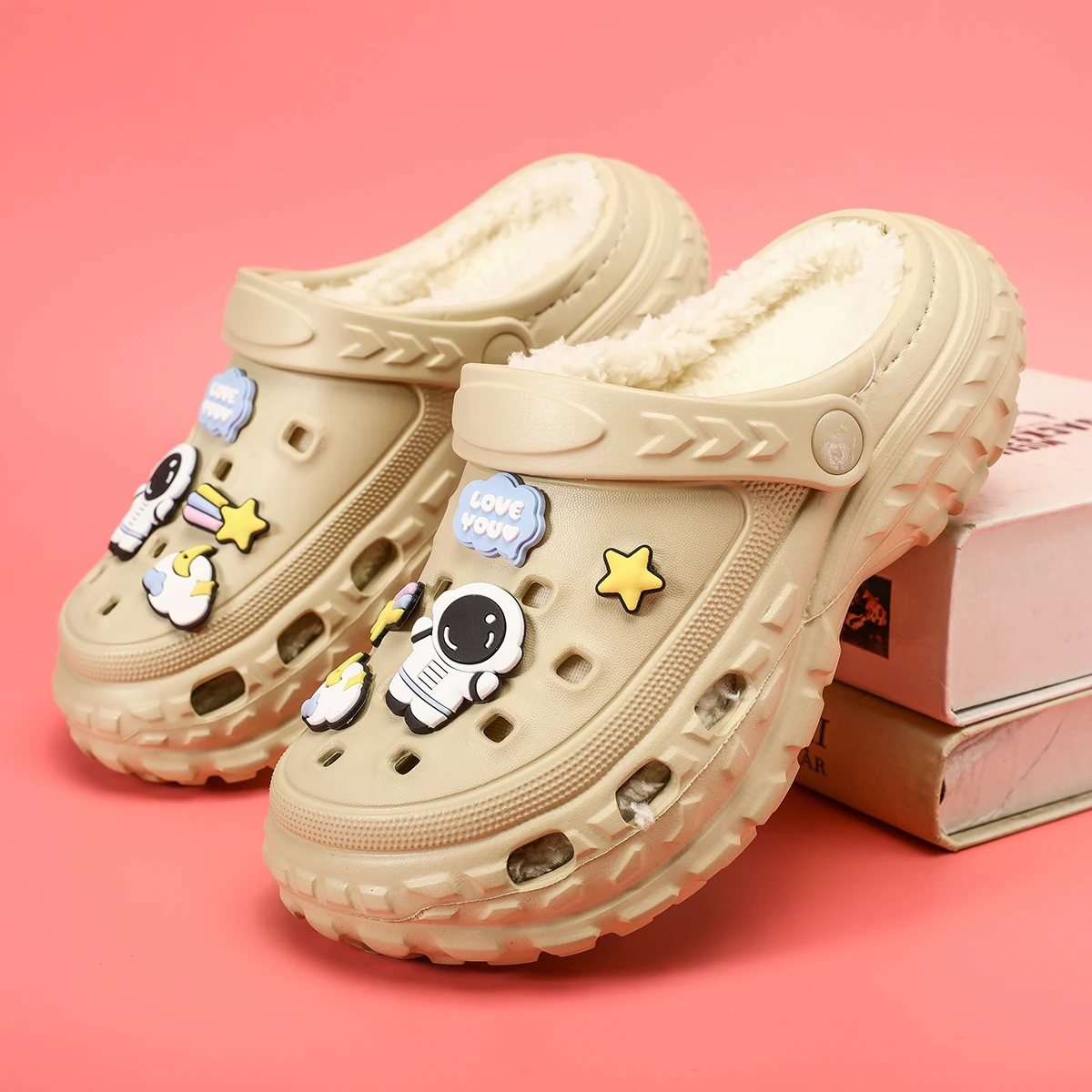 Warm Cotton Shoes for Kids Winter Plush Slippers Clogs Children Outdoor Garden Shoes with Cute Cartoon Charms Boys Girls