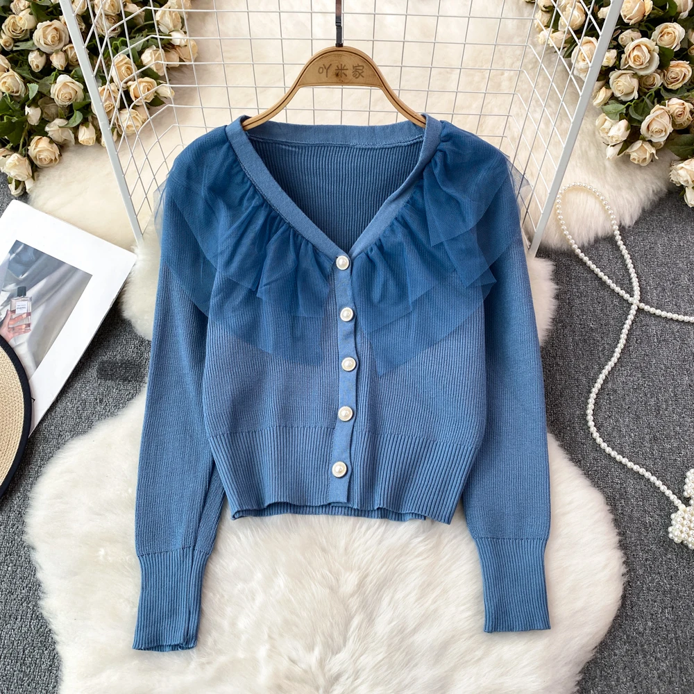 

Korean Tulles Splice Ruffles Cardigans Coats For Women Fashion V Neck Single Breasted Sweater Casual Female Knitshirts