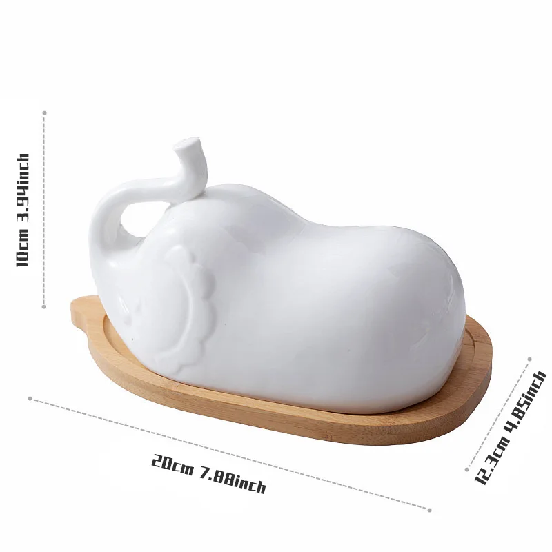 White Elephant Ceramic Butter Dish with Lid Brief Porcelain Butter Keeper Holder for Countertop And Refrigerator Door Shelf