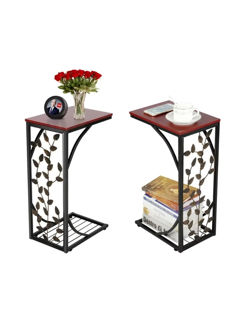 

Easyfashion C-shaped Wood and Metal Leaf Pattern End Table, Set of 2, Brown/Black