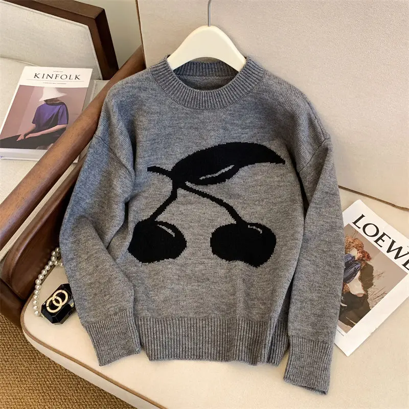 

Grey Round Neck Pullover Soft Waxy Cherry Sweater Women Autumn and Winter New Loose and Lazy Style Knitted Sweater Top Trendy