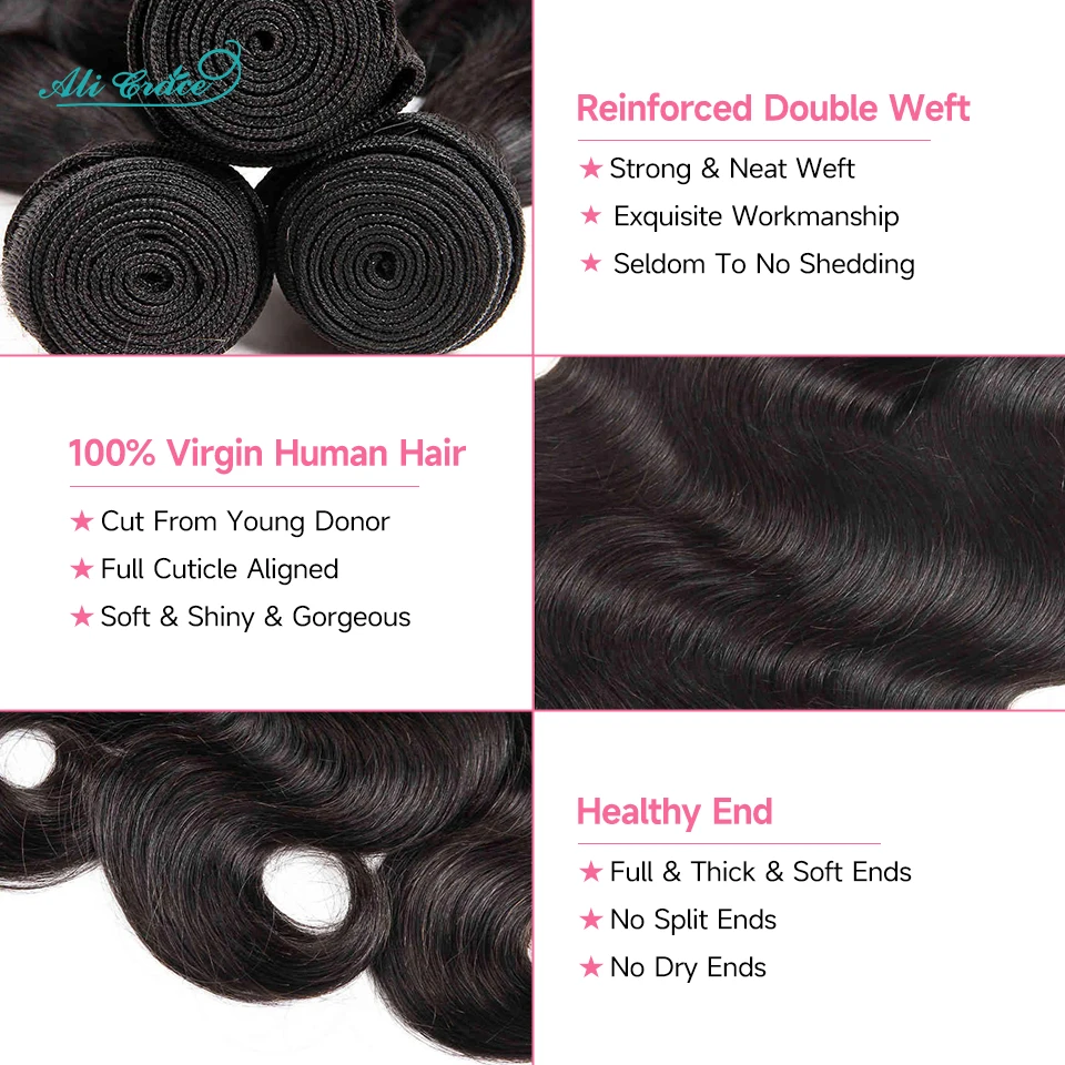 Human Hair Extensions ALI GRACE Hair Brazilian Body Wave Hair 4 Bundles Human Extentions Remy Natural Color Body Wave Human 10-28 inch