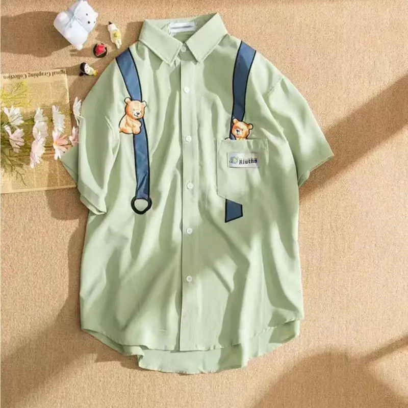 Summer Youth Couple Super Thin, Breathable, Cute Embroidered Little Bear Cartoon Short Sleeve Shirt Loose and Versatile