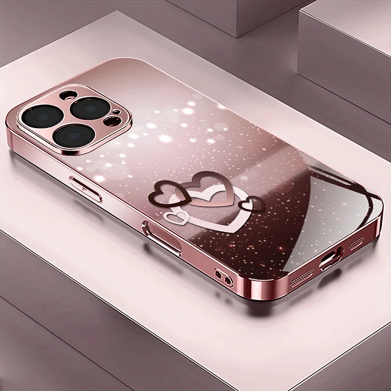 Herzmuster Rosa Metallisches Gehärtetes Glas Handyhülle für iPhone 11 12 13 14 15 16 17 Pro Max 15 Plus 17 Air 16E Cover