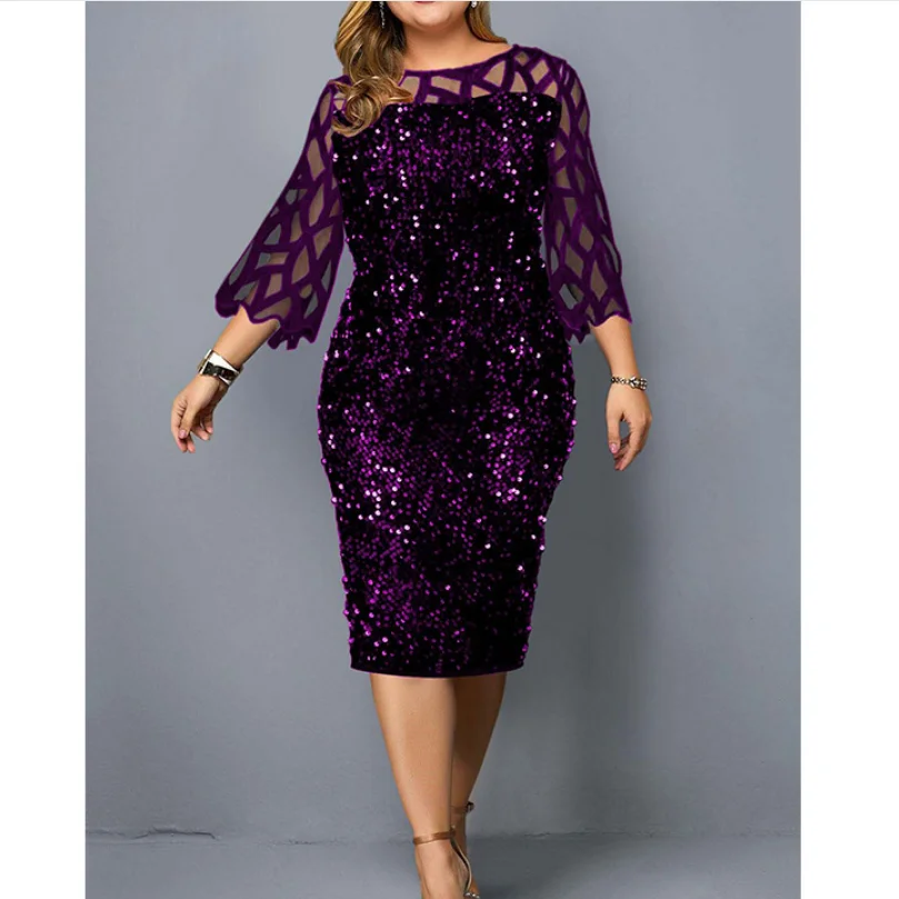 

Fashion round neck mesh slim -fitting hip -hip dress