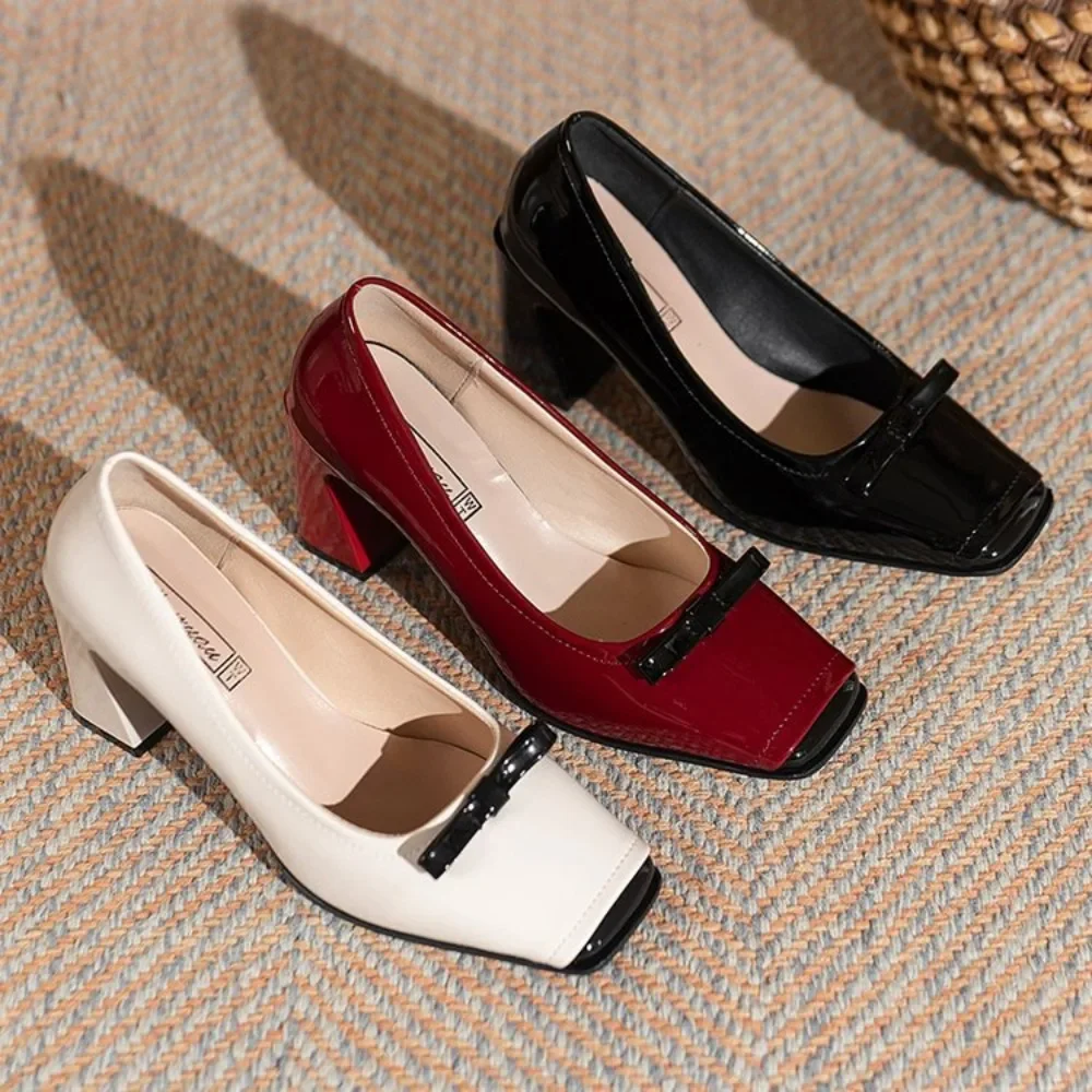 Women Heels Spring  Autumn Season Sweet Retro Colored Bow Tie Single Shoes Women Thick Middle Heel Square Headed Women's Shoes 6