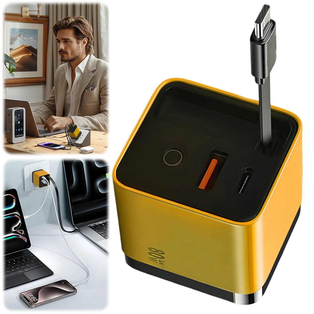 3 in 1 Fast Charger Block GaN Charger Retractable Phone Wall Plug GaN Phone Charger with Type-C Cable and 2 USB Ports for Phone