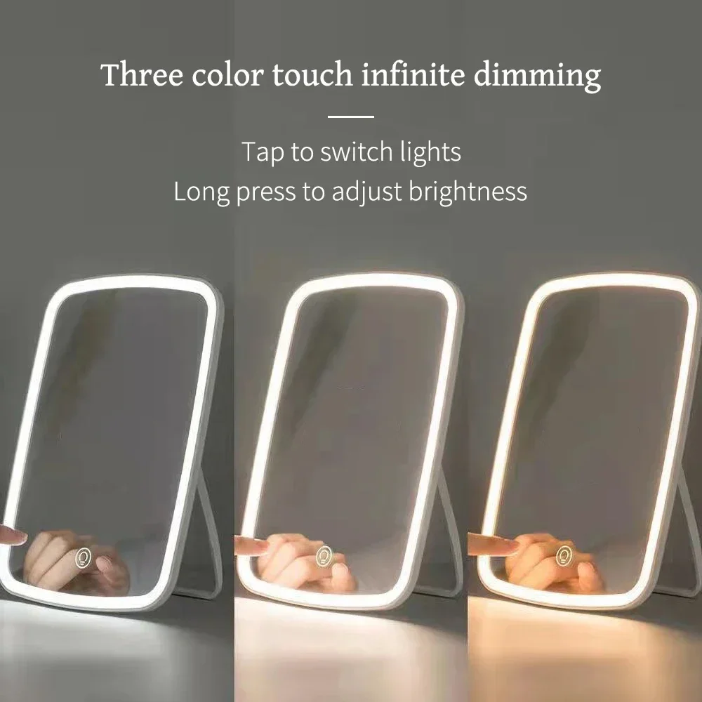 Vanity Lights USB Rechargeable Foldable Makeup Mirror Bathroom Dressing Table Lighting DimmableControl Tricolor Lamp Mirror Pink
