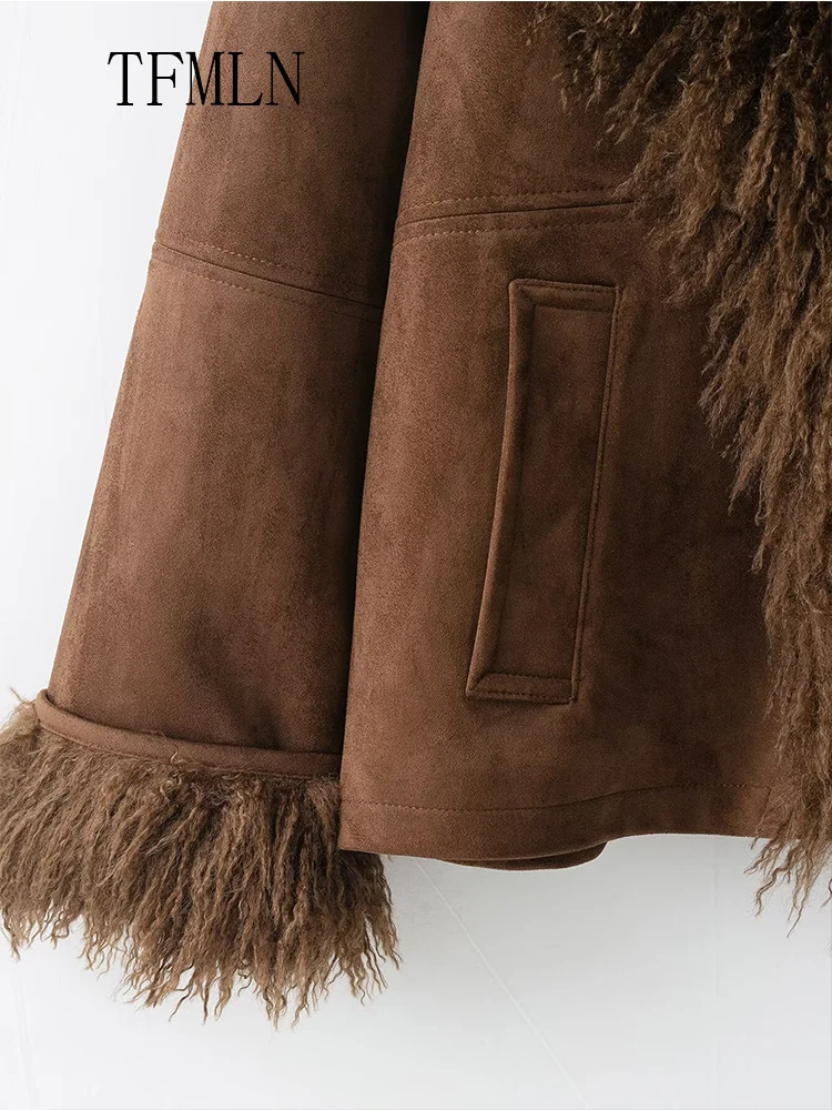 Luxury Women Faux Fur Patchwork Jackets 2025 Autumn Winter Lapel Long Sleeve Causal Chic Coats Elegant Ladies Pockets Outwear