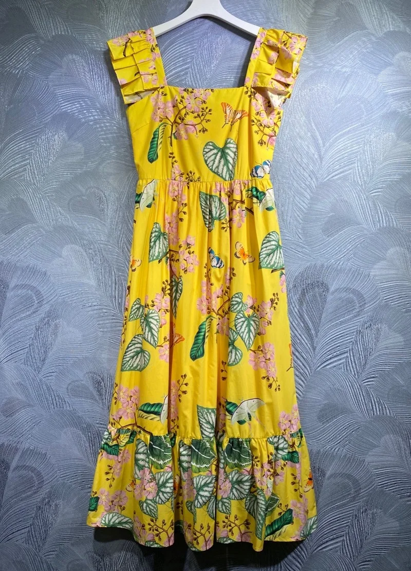 

Tops Fashion New Cotton Dress 2023 Summer Women Square Collar Green Leaves Prints Mid-Calf Length Casual A-Line Dress Yellow
