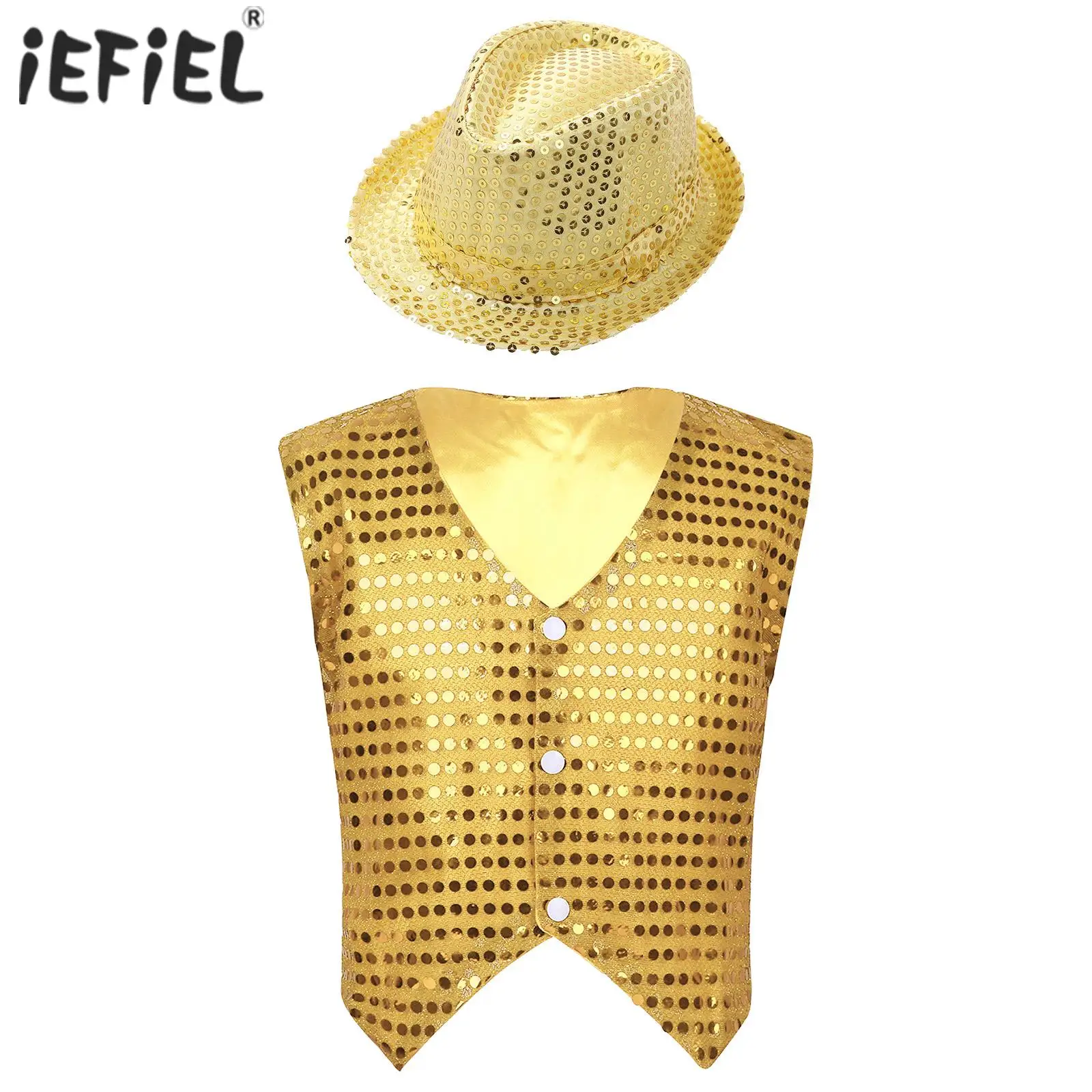 Kids Boys Glittery Sequined Sleeveless Vest Waistcoat with Hat for Jazz Modern Latin Dancing Stage Performance Dance Costumes