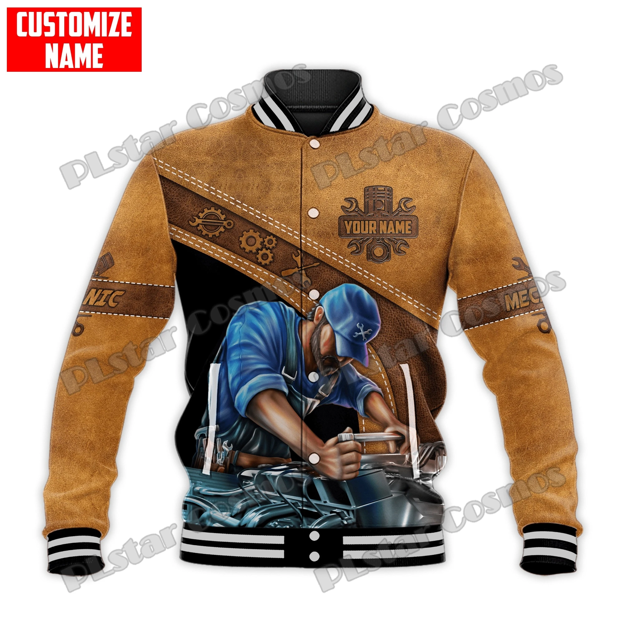 Personalized Name Mechanic Pattern 3D Printed Fashion Mens Baseball Varsity Jacket Unisex Casual Winter Baseball Jacket BQF03