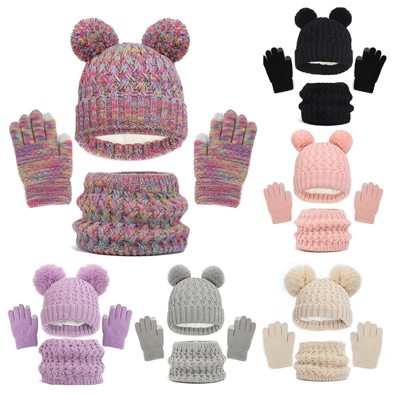 Imitation Cashmere Winter Baby Hat Gloves Scarf Set Fleece Warmer Scarves Thick Knitting Hats Boy Girl Cute Pompom Kids Beanie