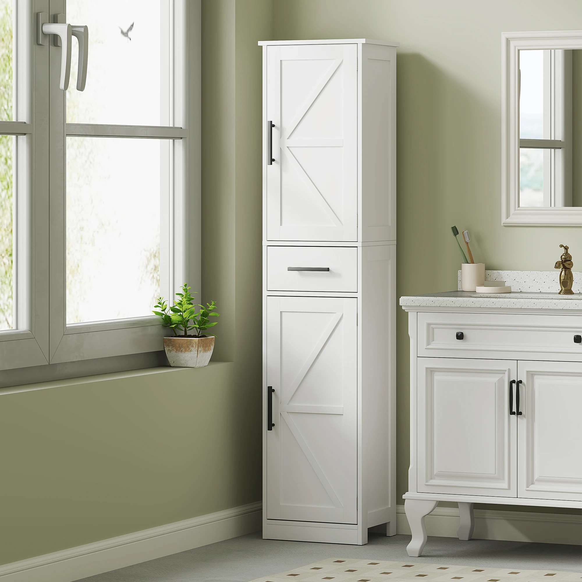 Homcom 67" Tall Bathroom Storage Cabinet with Drawer, Farmhouse Narrow Bathroom Cabinet with Barn Doors, White 2