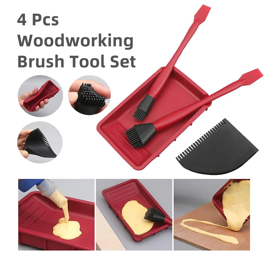 Woodworking Brush Tool Set 4 Pcs Multifunctional High Performance Wood Glue Tray Soft Thin Scraper Carpentry DIY Crafts Tools