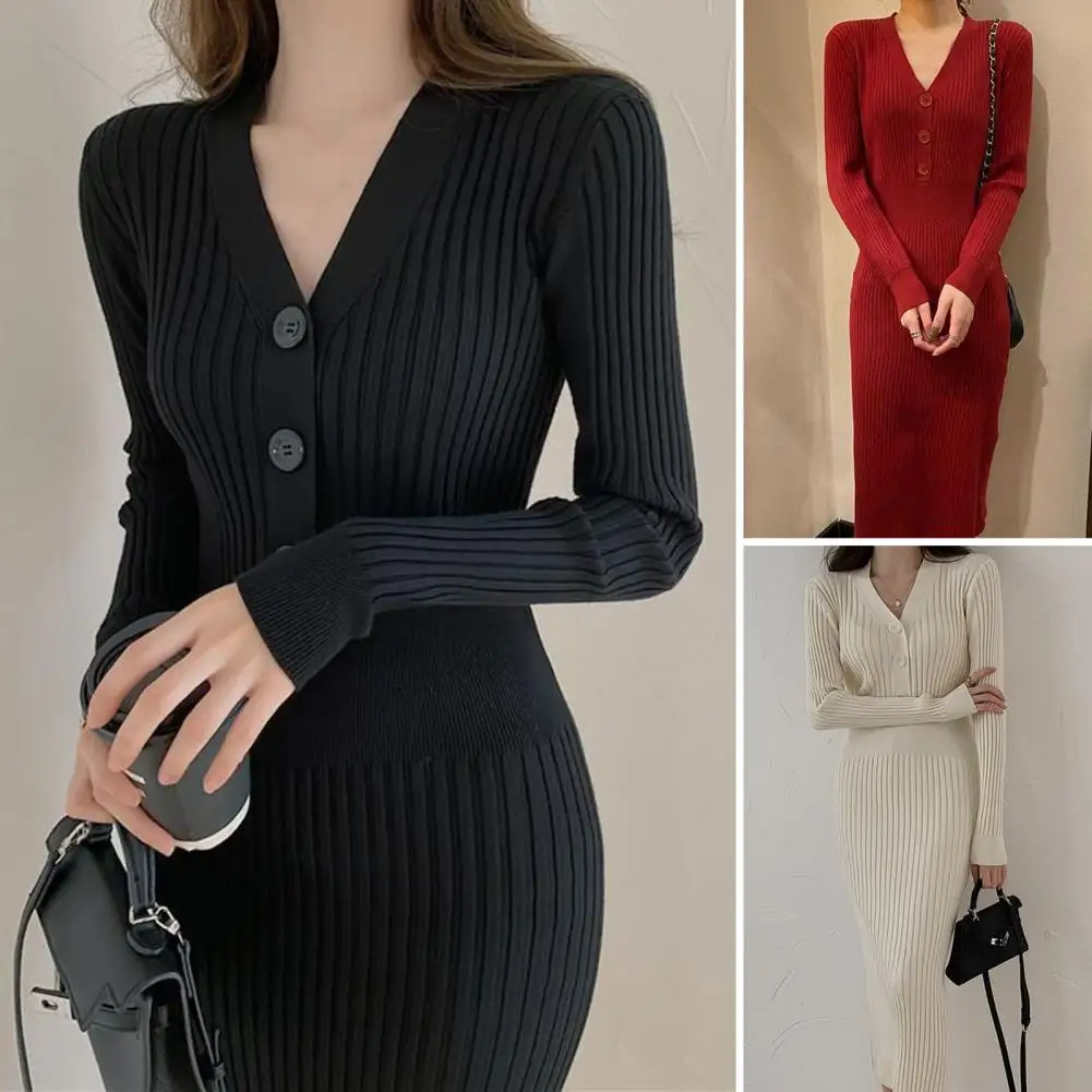 

Vintage Knitted Sweater Long Sleeve Dresses Women Slim Bodycon Korean Elegant Fall Winter Button V Neck Sweater Midi Woman Dress