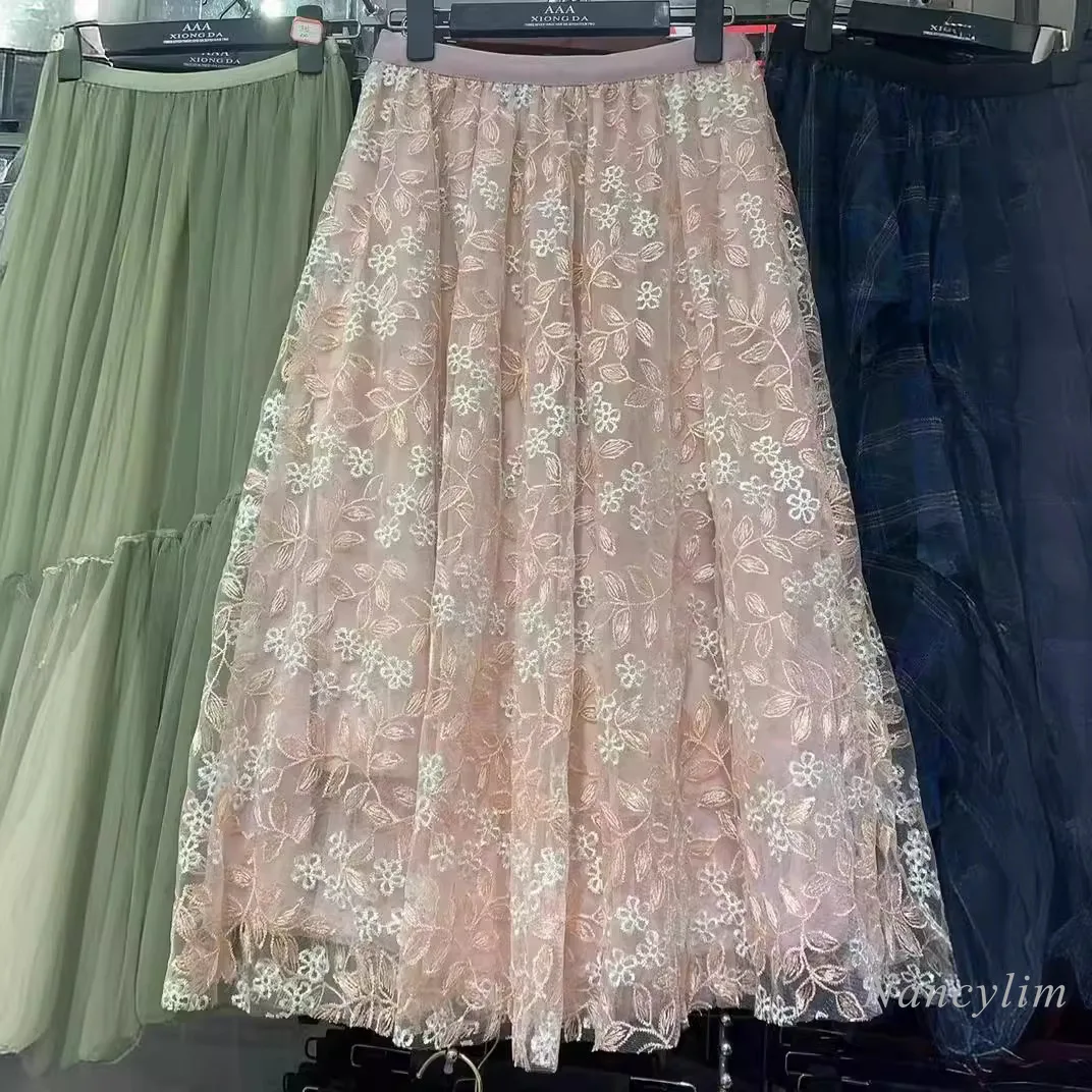 Machine Embroidery Mesh Skirt Women's Spring Summer 2024 New Mid-Length Embroidered Skirt Wide Hem Long Gauze Skirts