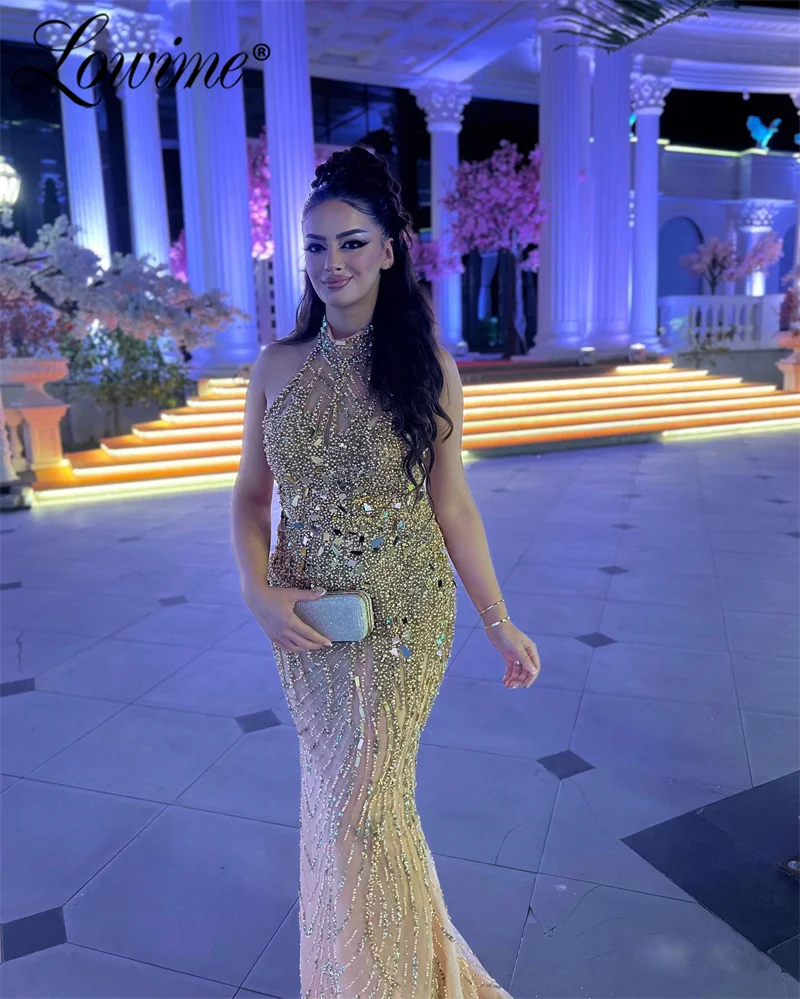 

Arabic Luxury Evening Dress Champagne Heavy Beading Crystals Mermaid Party Dresses 2024 Robes De Gala High Neck Long Prom Gowns