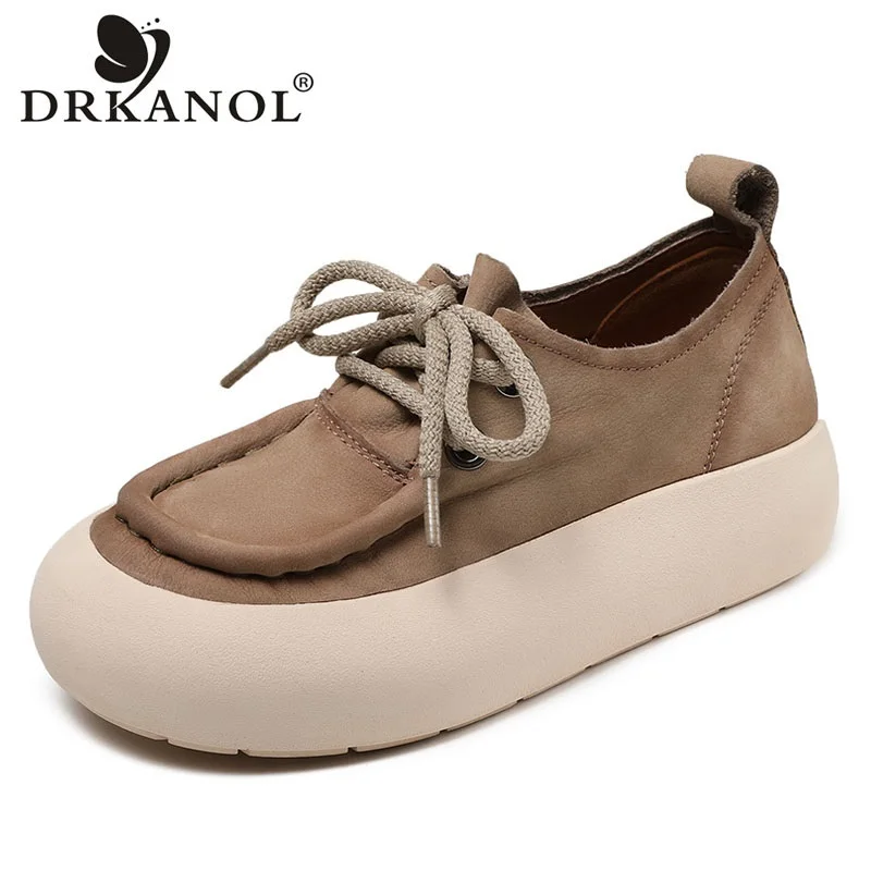 

DRKANOL 2024 Literary Style Genuine Leather Flat Platform Shoes Women Spring Round Toe Retro Handmade Comfort Casual Board Shoes