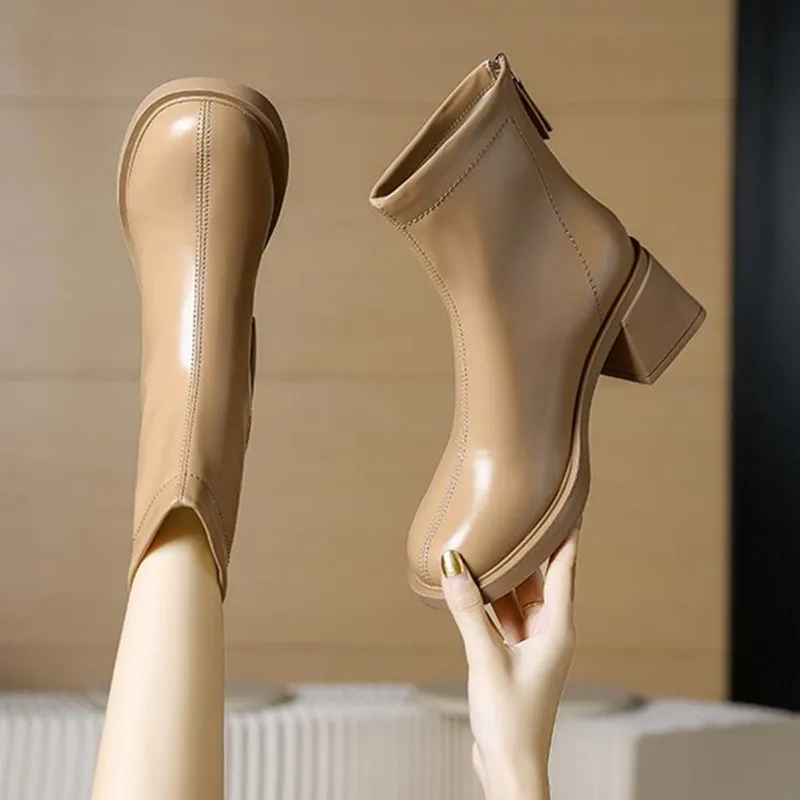 2023 New Autumn Winter Leather Short Boots Women Square High Heel Women Shoes Zipper All Match Ankle Boot Female Platform Shoes
