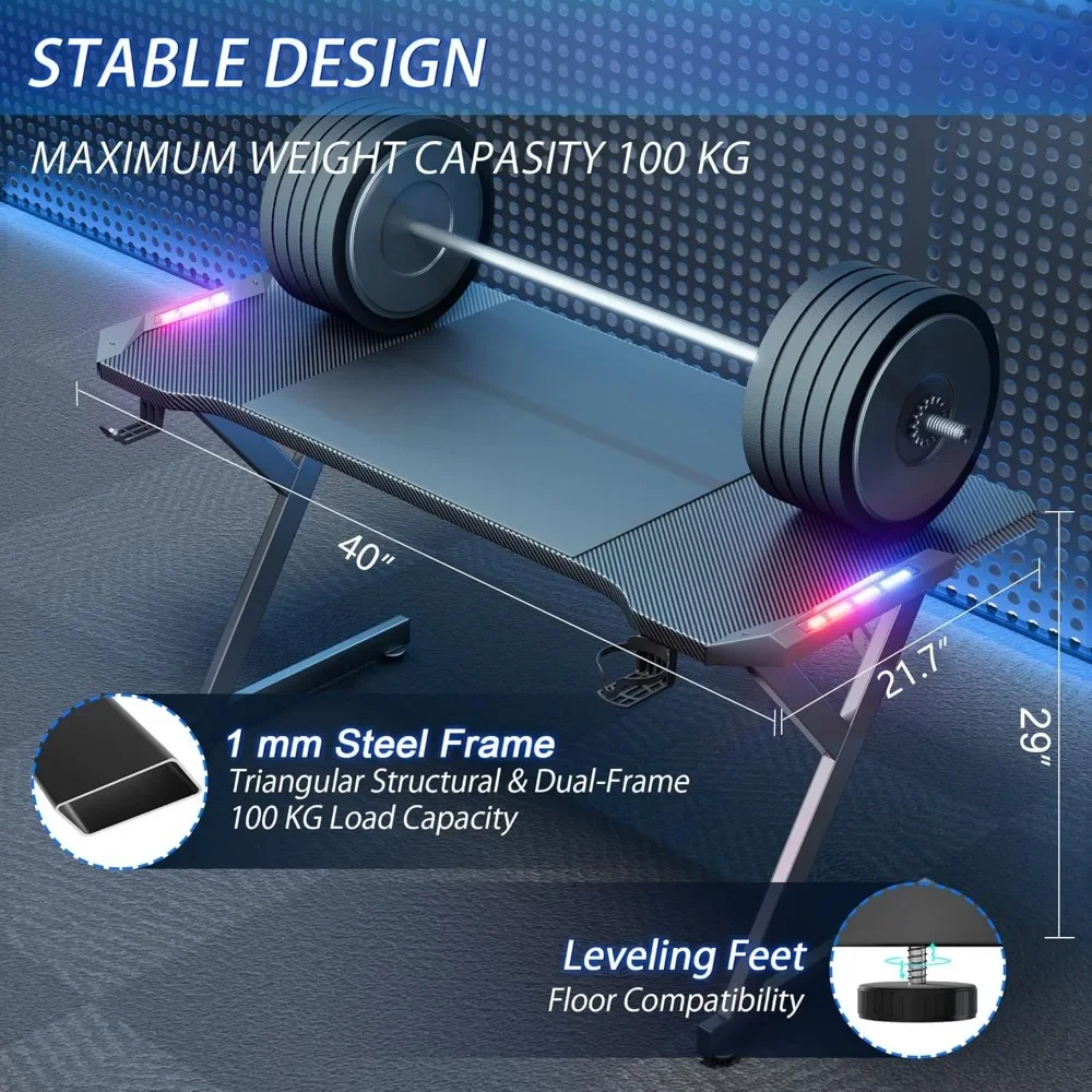 40 INCH Gaming Desk with LED Lights, Home Office Gamer Desk, Ergonomic Computer Table with Large Carbon Fiber Desktop 3