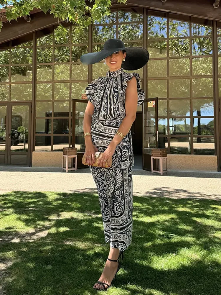 

Женский льняной костюм в стиле бохо, комплект из топа с рукавами-фонариками и оборками, летний модный женский костюм на шнуровке