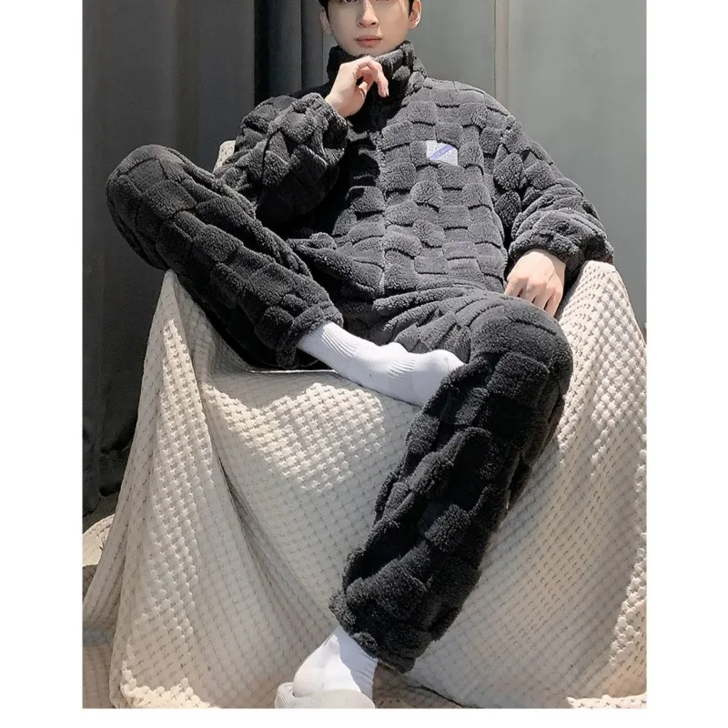 Luxury Brand Sleepwear Men Winter Warm Pajama Sets Zipper Long Sleeve Flannel Coral Fleece Thick Loungewear Loose Korean Pajamas