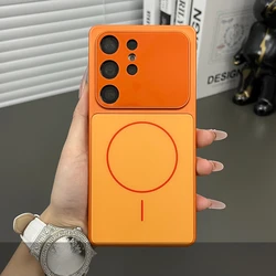 Luxury Large Window Magnetic Wireless Charging Armor Case Cover for Galaxy S26 Ultra (Orange)