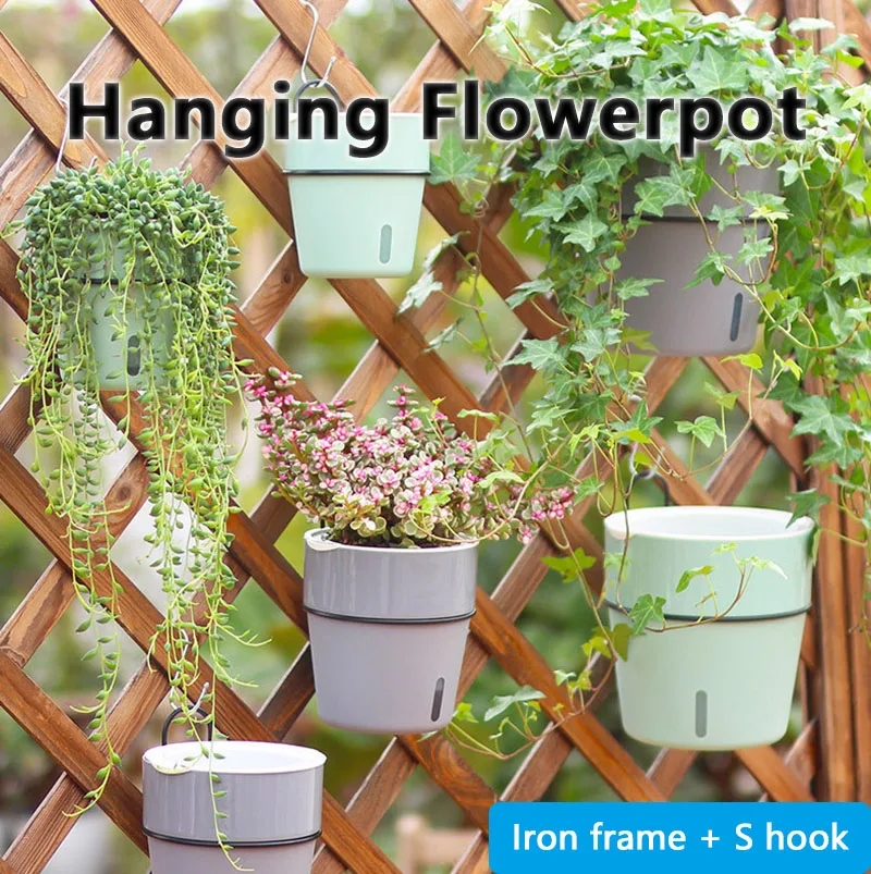 Hanging Flowerpots Self Watering Wall Fence Balcony Railing Hook Plastic  Flower Pot Outdoor Indoor Auto Absorption Planter