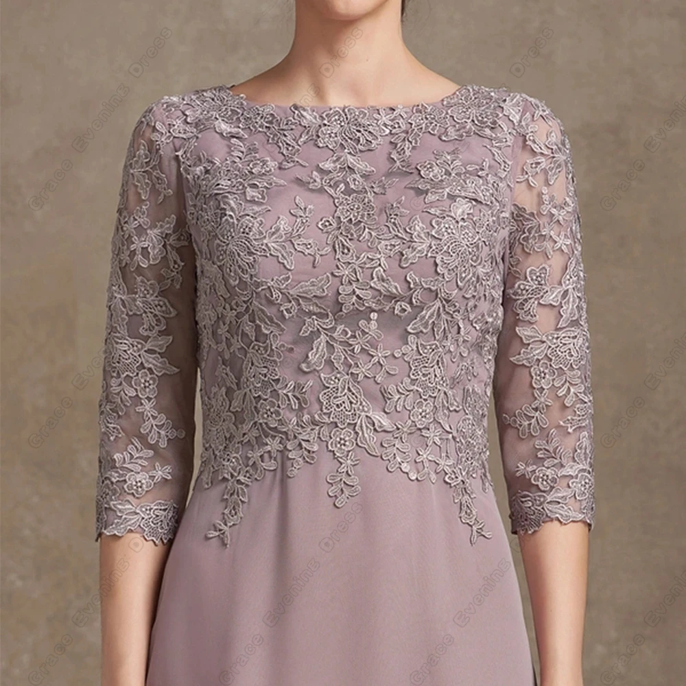 Elegant Scoop Mother of Bride Dresses for Women Beach Chiffon Wedding Party Gown with Lace Three Quarter Vestido De Noche