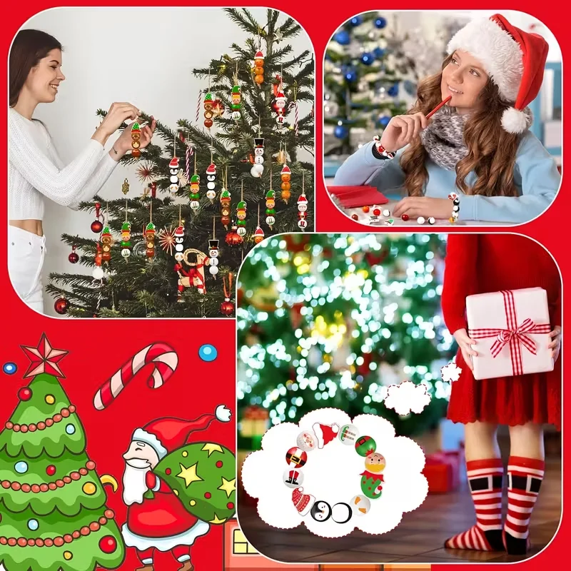 48/80Pcs DIY Christmas Wooden Beads Set Santa Snowman Elf Garland Xmas Tree Hanging Pendants New Year Party Home Decoration Gift