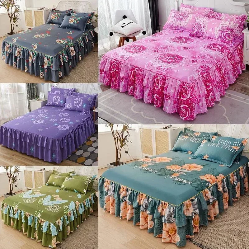 Ruffle Skirt Bedspread Home Textile Printed Bed Skirt Bedroom Coverlets Bedspreads Sheets Dust Cover Bedding with 2 Pillowcases