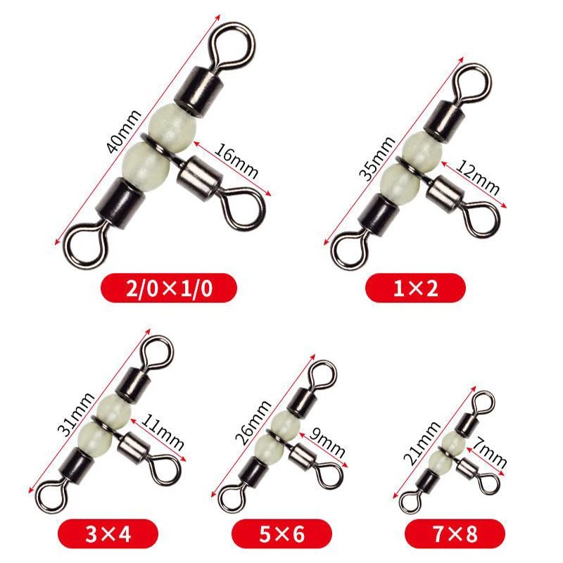 Fishing Connector 10/50pcs Stainless Steel T-Turn 3 Way Rolling Swivel Fishing Tackle Connector Luminous beads attract fish