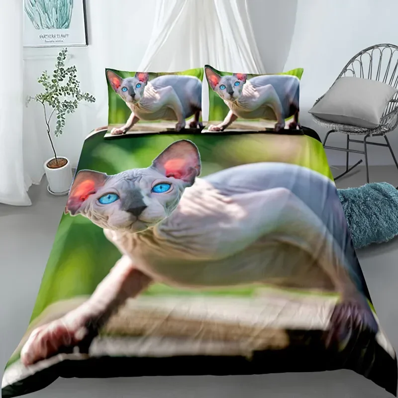 Sphynx Cat King Queen Duvet Cover Lovely Pet Kitty Bedding Set for Kids Teens Adults Animal Grey 2/3pcs Polyester Quilt Cover