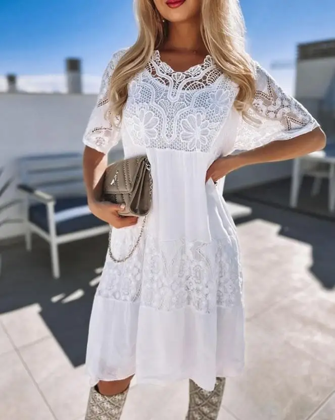 

Casual Women's Dress 2024 Spring Summer Round Neck Contrast Lace Patchwork Short Sleeve Casual Loose Midi A Line Dress
