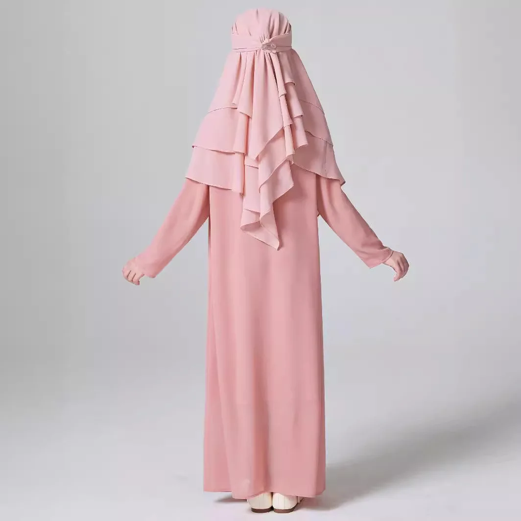 Muslism Ramadan kids khimar Girls Solid Layered Chiffon Hijab For Islam Party Pray Outdoor